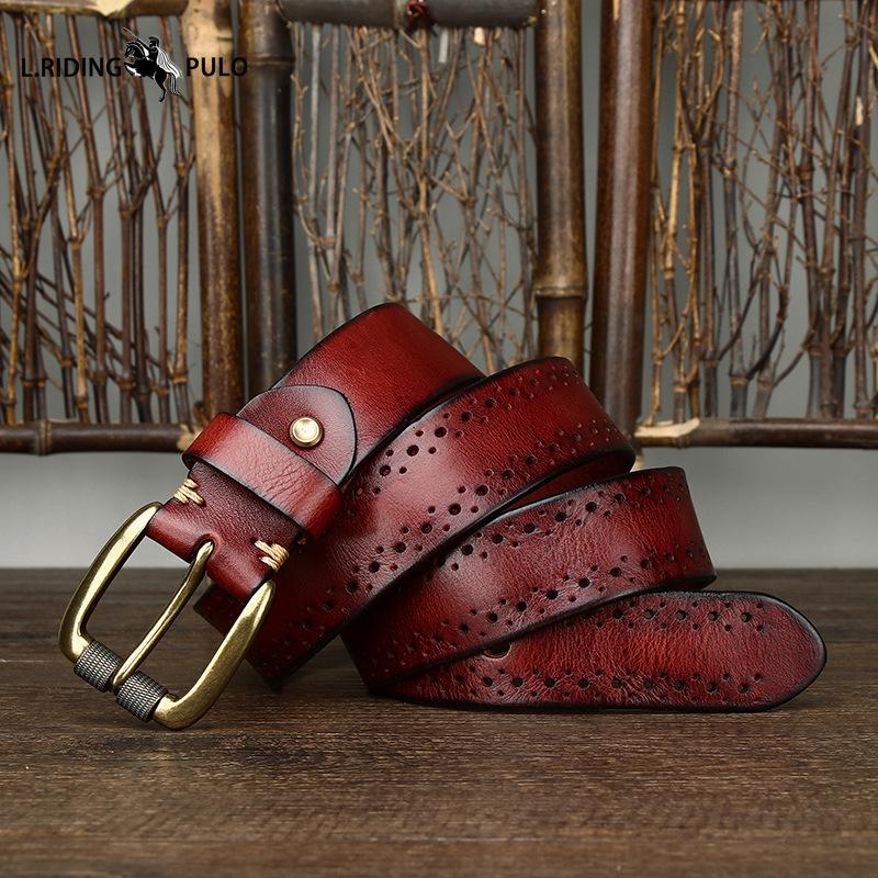 Retro Fashion Personality Trend All-match Hollow First Layer Cowhide Pin Buckle Belt Men's Genuine Leather Jeans Belt