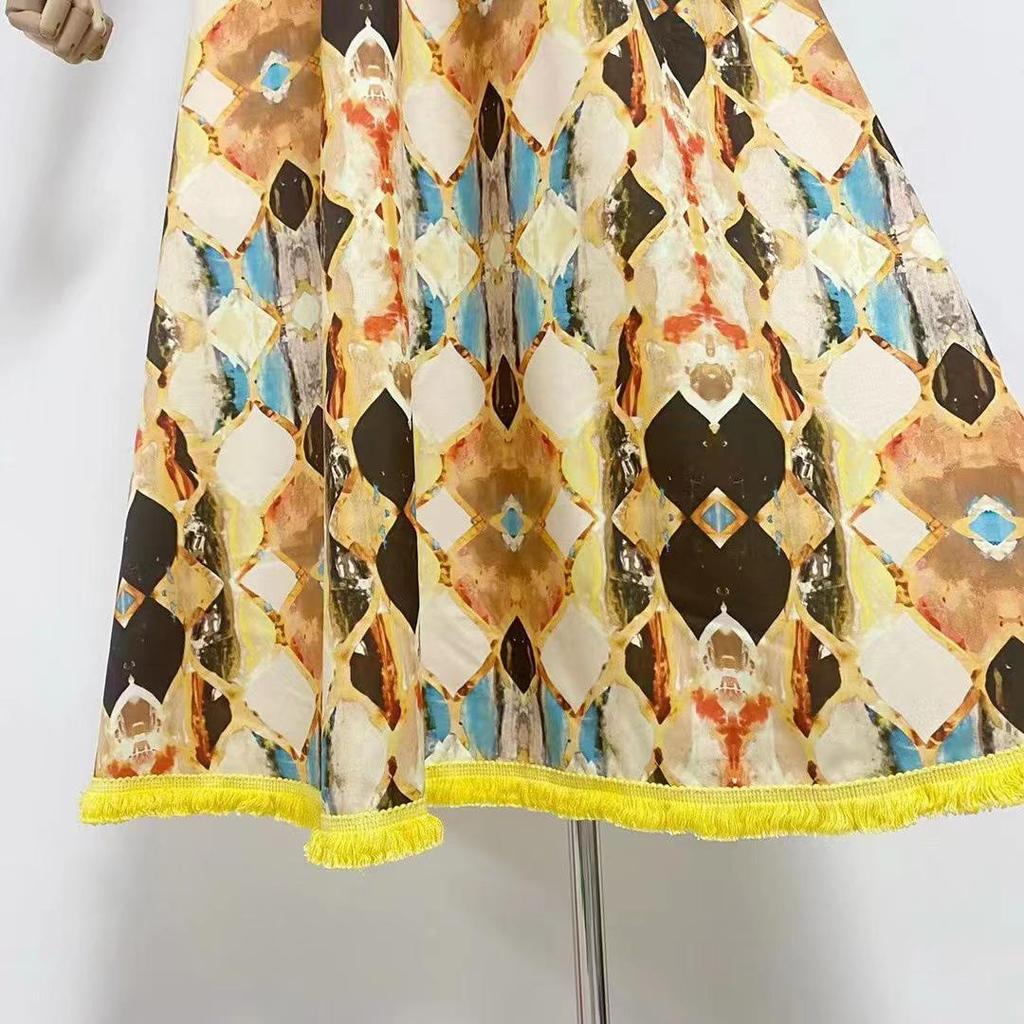 Women's 2023 Autumn V-Neck Tassel Splice Backless Long Dress with Lace-Up Waist