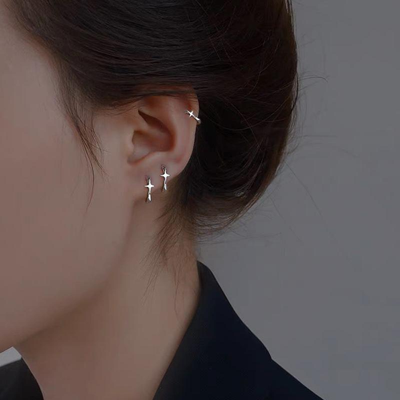 Four-Pointed Star Cross Small Hoop Earrings For Men Women Hip Hop Retro Black Silver-Color Street Gothic Ear Jewelry