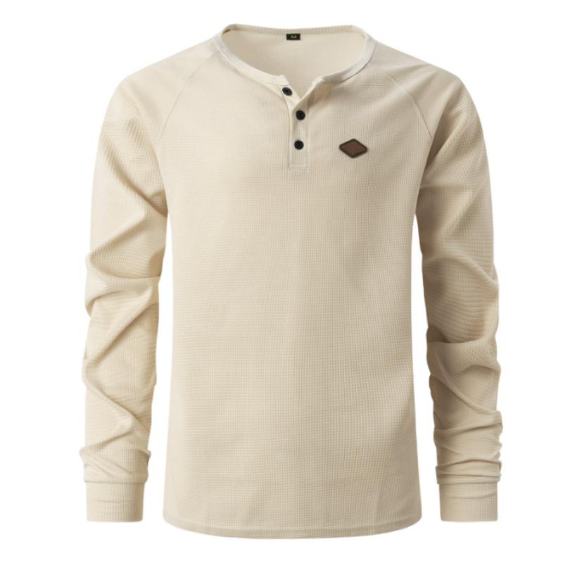 Autumn Men's Youth Waffle Solid Color Button Lapel Long Sleeve POLO Shirt