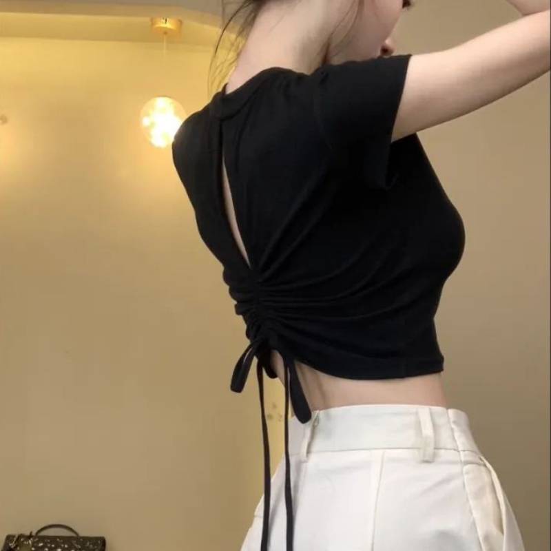 Tshirt For Women With Tiefront Design And Hollow Back For Casual Summer Wear