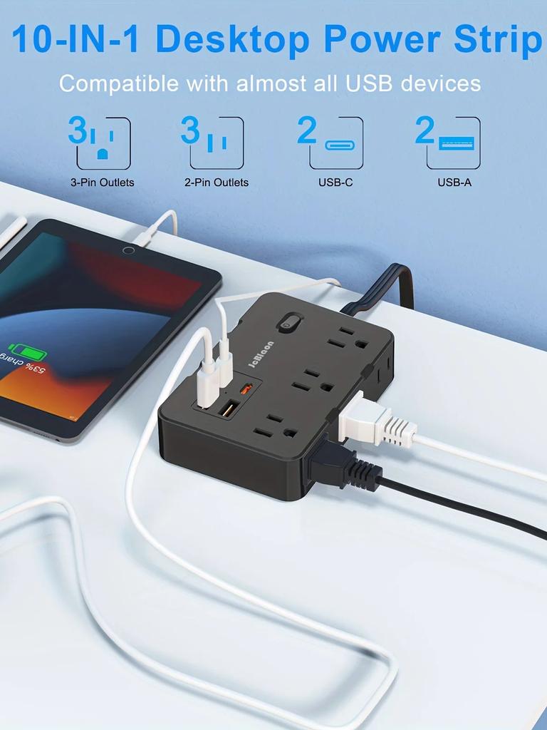 Surge Protector with 6 Widely Outlets Extender 4 USB Ports, 5ft Power Strip Ultra Thin Flat Plug, Power Adapter for Home Office