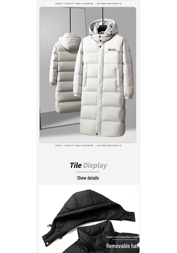 Men's Trendy Hooded Mid-Length White Duck Down Jacket - Warm Winter Outerwear for Couples.