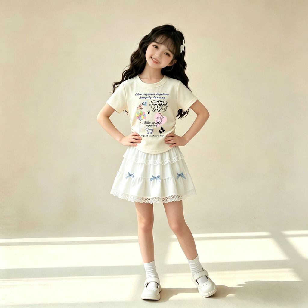 Girls Summer Cartoon Print Short Sleeve Top with Bow Cake Dress Set