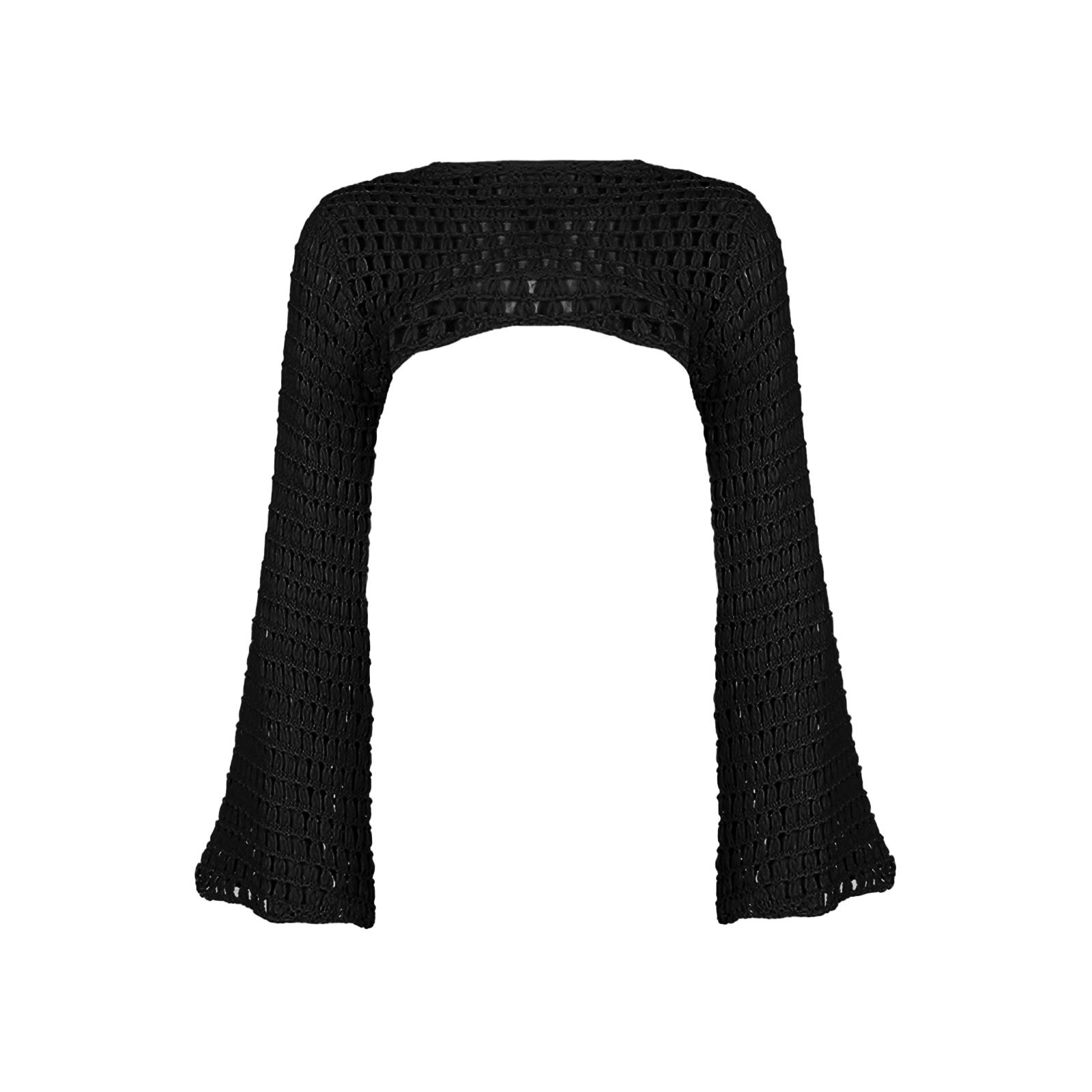 

Женский вязаный крючком укороченный топ Y2k с длинными расклешенными рукавами, свитер с сетчатыми накидками, кардиган, уличная одежда OneSize чёрный