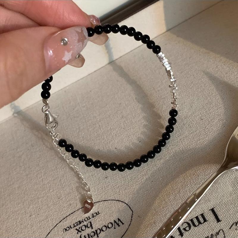 Korean Style Simple Black Beaded Bracelet Light Luxury Niche Design Versatile Handmade Silver Gravel Bracelet