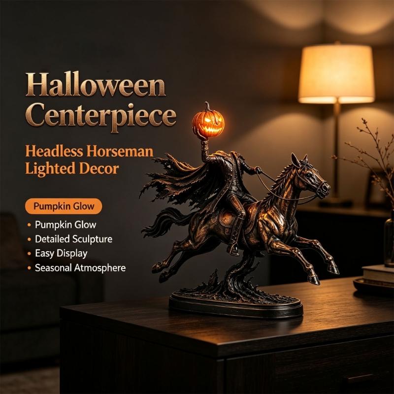 Saisonale Kopfloser Reiter Figur, Harz Tischdeko mit Kürbislicht Akzent für Kaminsims und Indoor Party Styling Innen