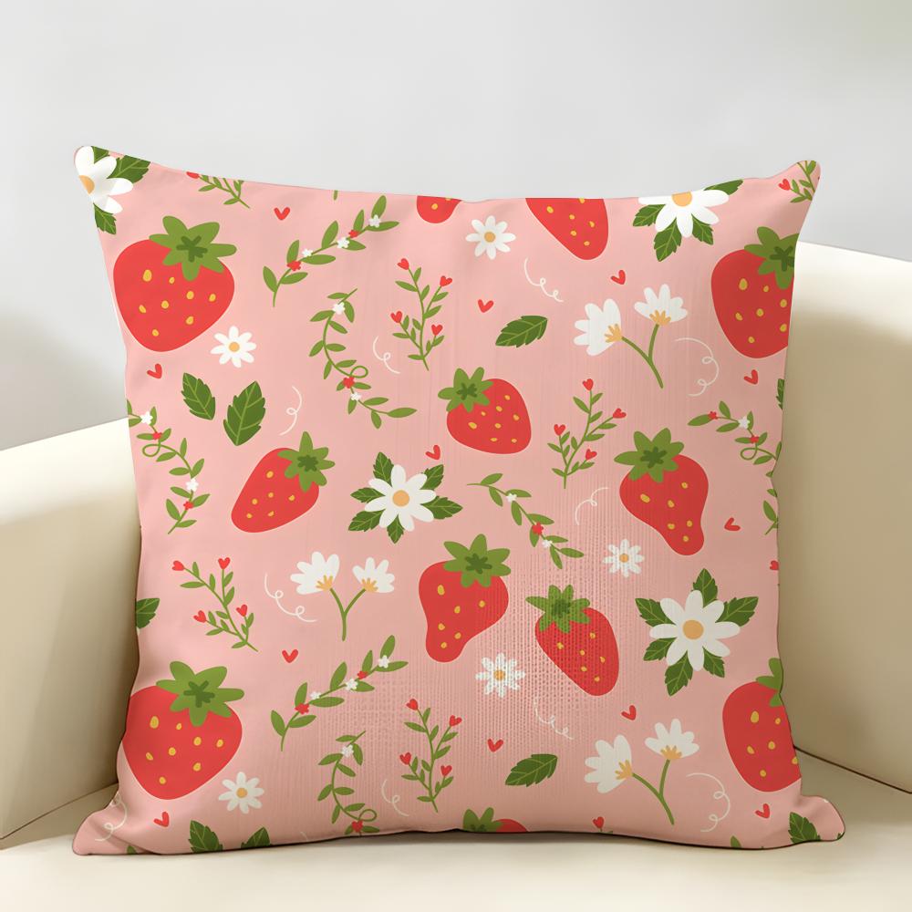 Cute Strawberry Girl Pink Cushion Cover Natural Linen Organic Fabric DoubleSided Printing Room Sofa Decor Pillow Case