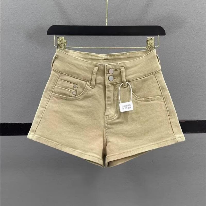 Dames Khaki Hoge Taille Denim Shorts Dubbele Knoop Casual Zomer Hete Broeken