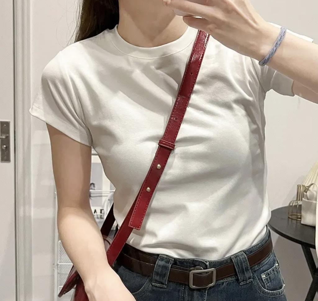 Front shoulder crew neck T-shirt women's 2026 new pure cotton basic short-sleeved top, summer versatile base, thin and slim