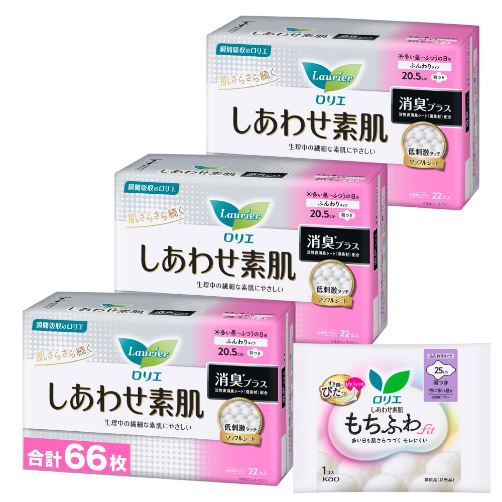 

Дезодорант Laurier Happy Skin Regular Day, 22 шт. x 3 упаковки, бонусный товар Плюс, Использование, 20,5 см, крылышки, (66 штук) +