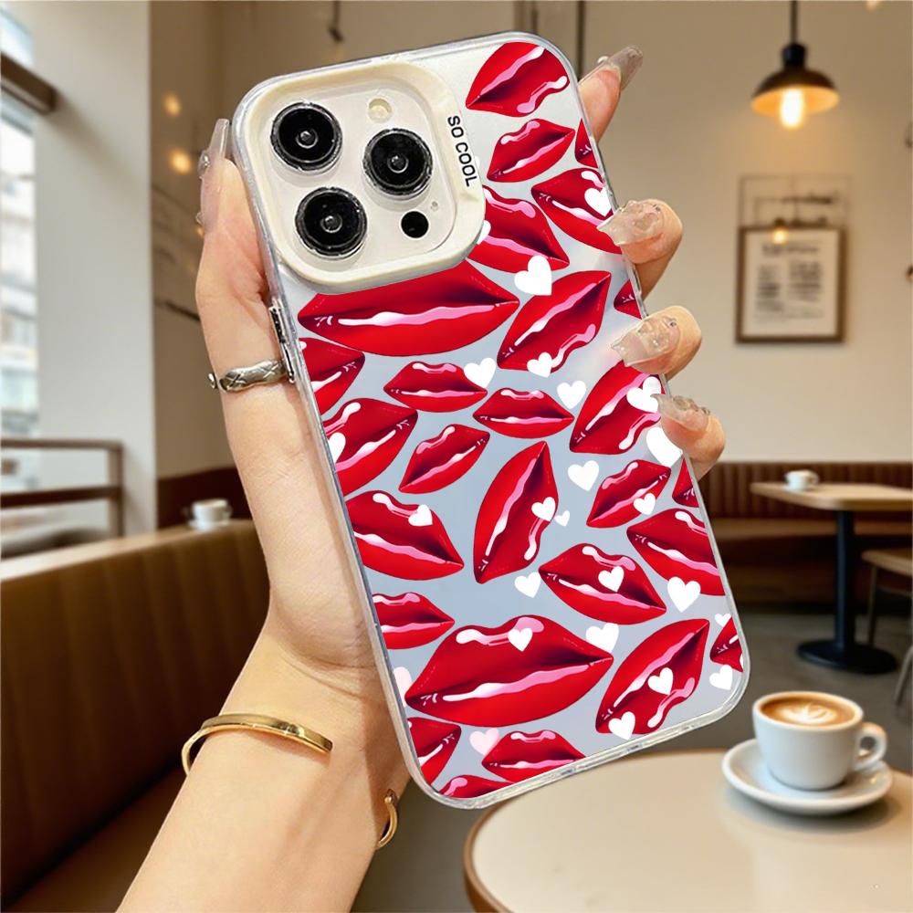Red Lips with Heart Accents Hard Phone Case for Iphone 16 15 14 13 12 11 Pro Max Mini Shockproof Anti-Scratch Protective Cover