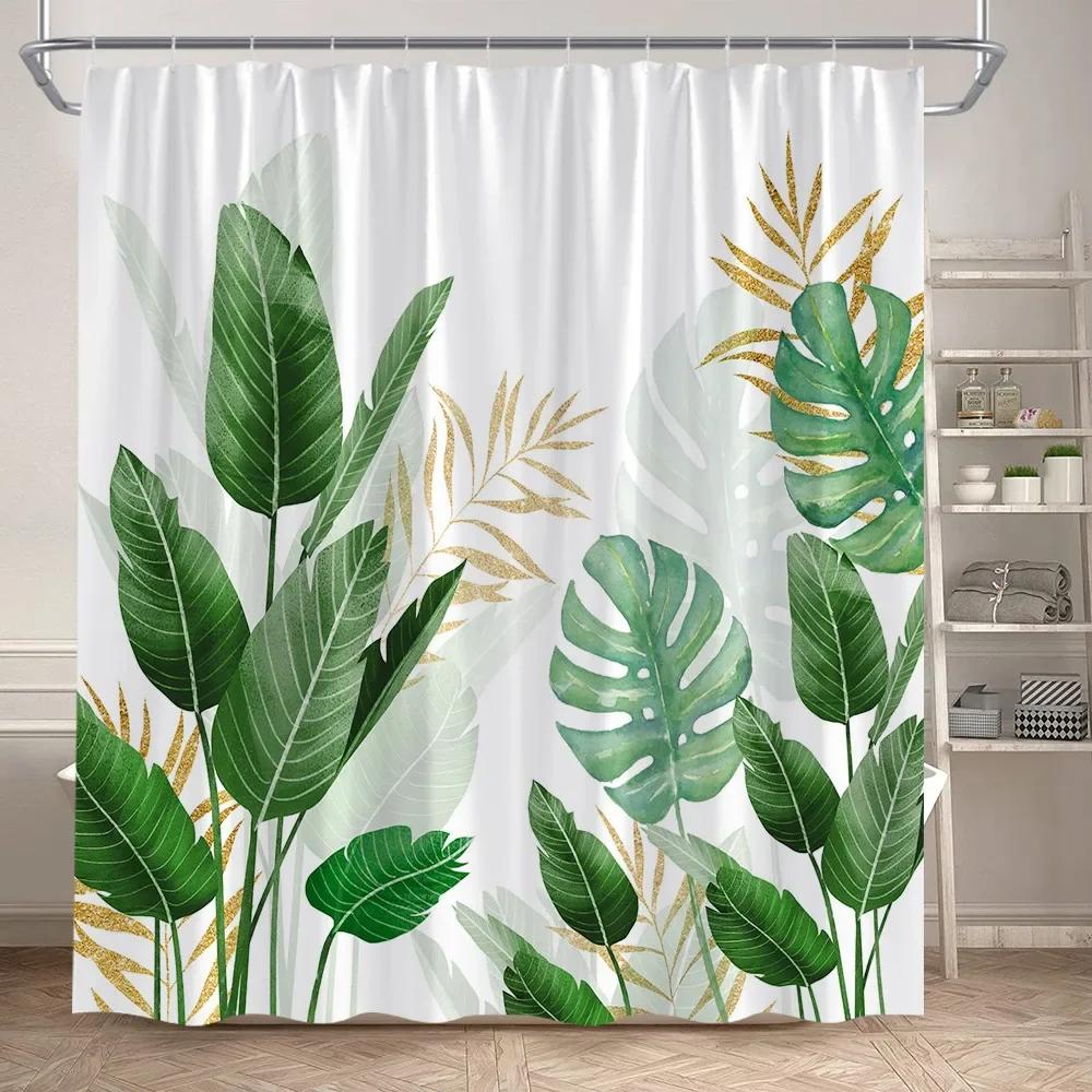 Leaves Shower Curtain Green PTropical alm Leaf Monstera Plant Bath Curtains Set Polyester Fabric Home Bathroom Decor with Hooks
