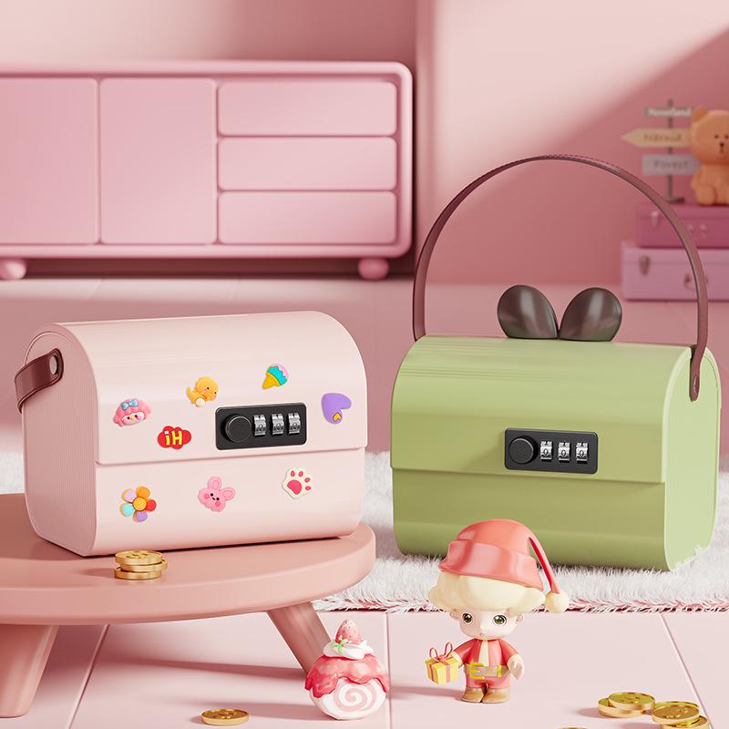 Children's Lockable Storage Box Piggy Bank with Stickers DIY - Cute Handheld Design