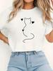 Womens White Cat Silhouette Heart Print TShirt Stretchy Round Neck Short Sleeve Breathable Opaque Fabric Casual with Black Cat