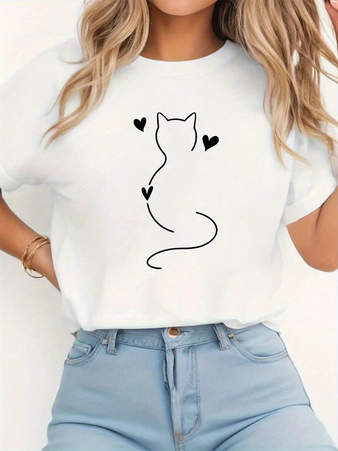 Womens White Cat Silhouette Heart Print TShirt Stretchy Round Neck Short Sleeve Breathable Opaque Fabric Casual with Black Cat S