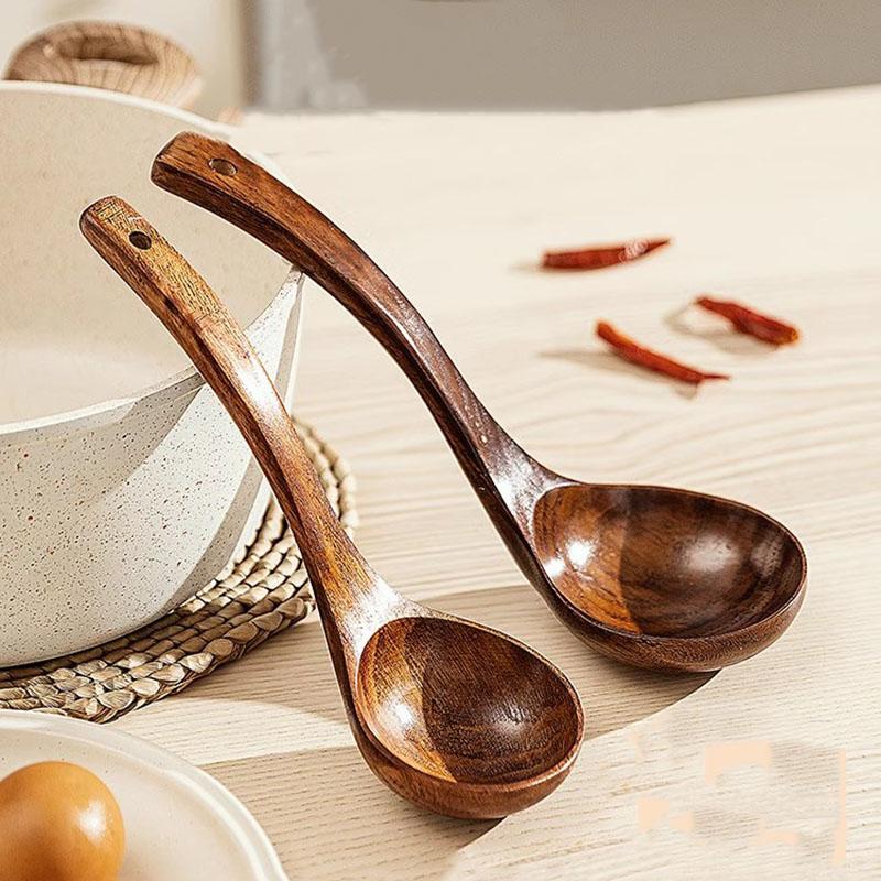 Teak Wooden Ladle Spoon Kitchen Serving Spoon With Back Hooks Non-stick Wooden Soup Ladle For Cooking Serving And Stirring