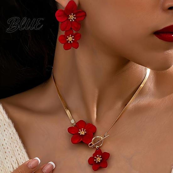 Alloy Floral Necklace Flower Jewelry Set for Women Pendant Dangle
