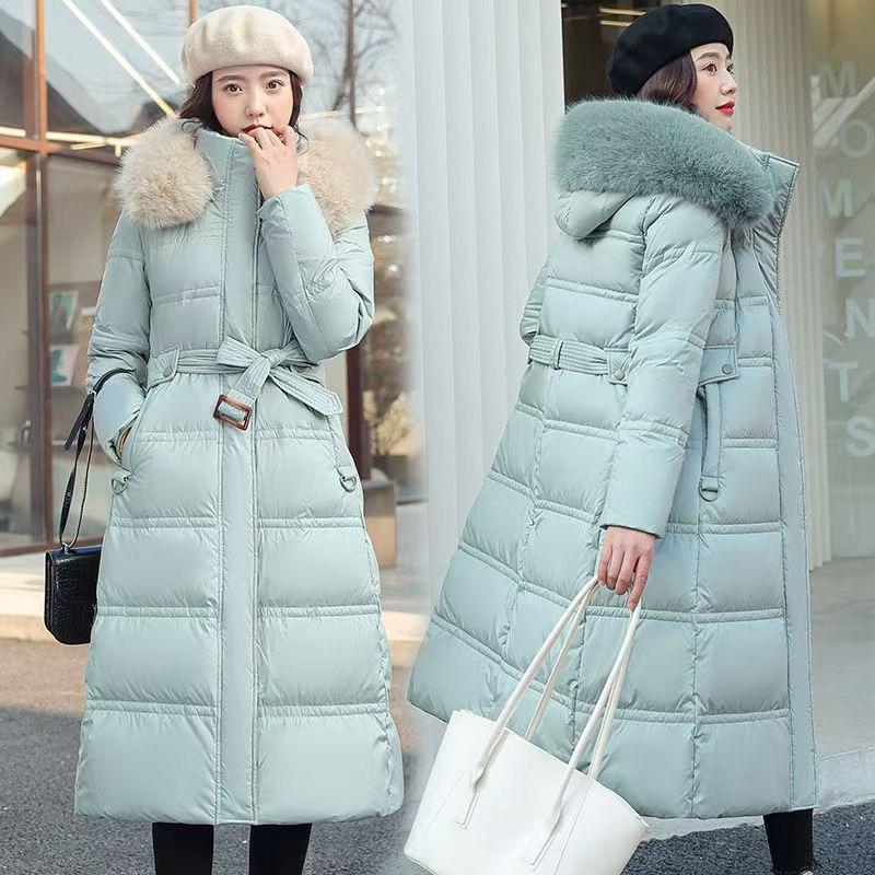 

New winter down cotton clothes women s over-knee large fur collar cotton-padded clothes thickened loose large size jacket XXL зелений