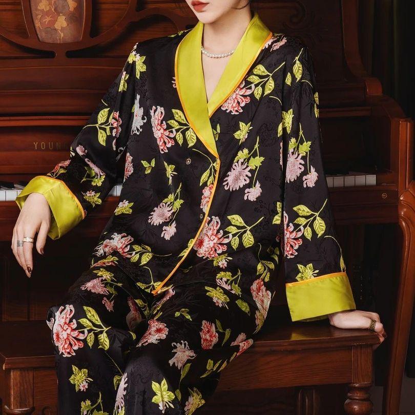 Women's Floral Ice Silk Pajamas Set - Long Sleeve, Plus Size, Light Luxury Jacquard Design