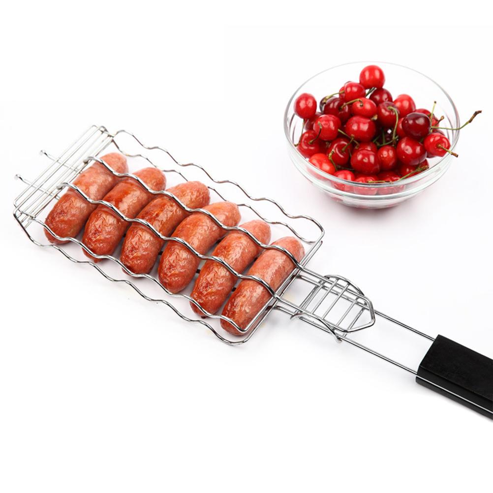 Barbecue Grilling Basket 6 Hot Dogs Metal Barbecue Sausage Rack Grill Mesh Clip Holder Picnic