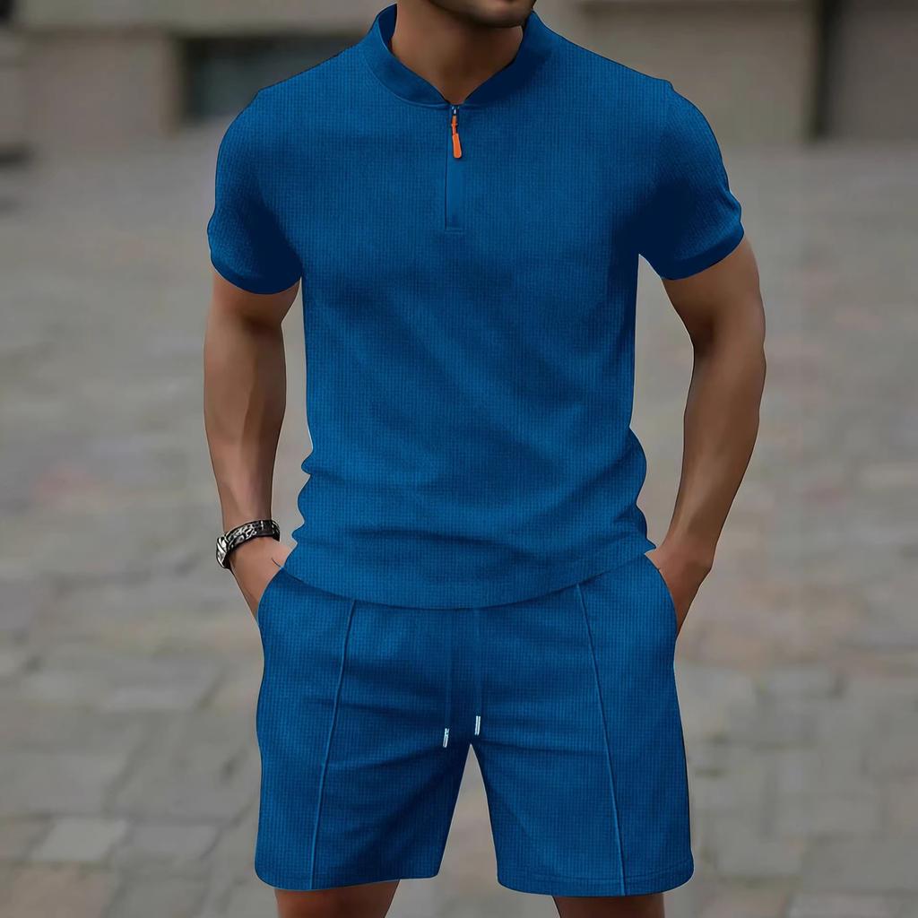 Men Casual Sports Waffle Fabric Short Sleeve Shorts Set