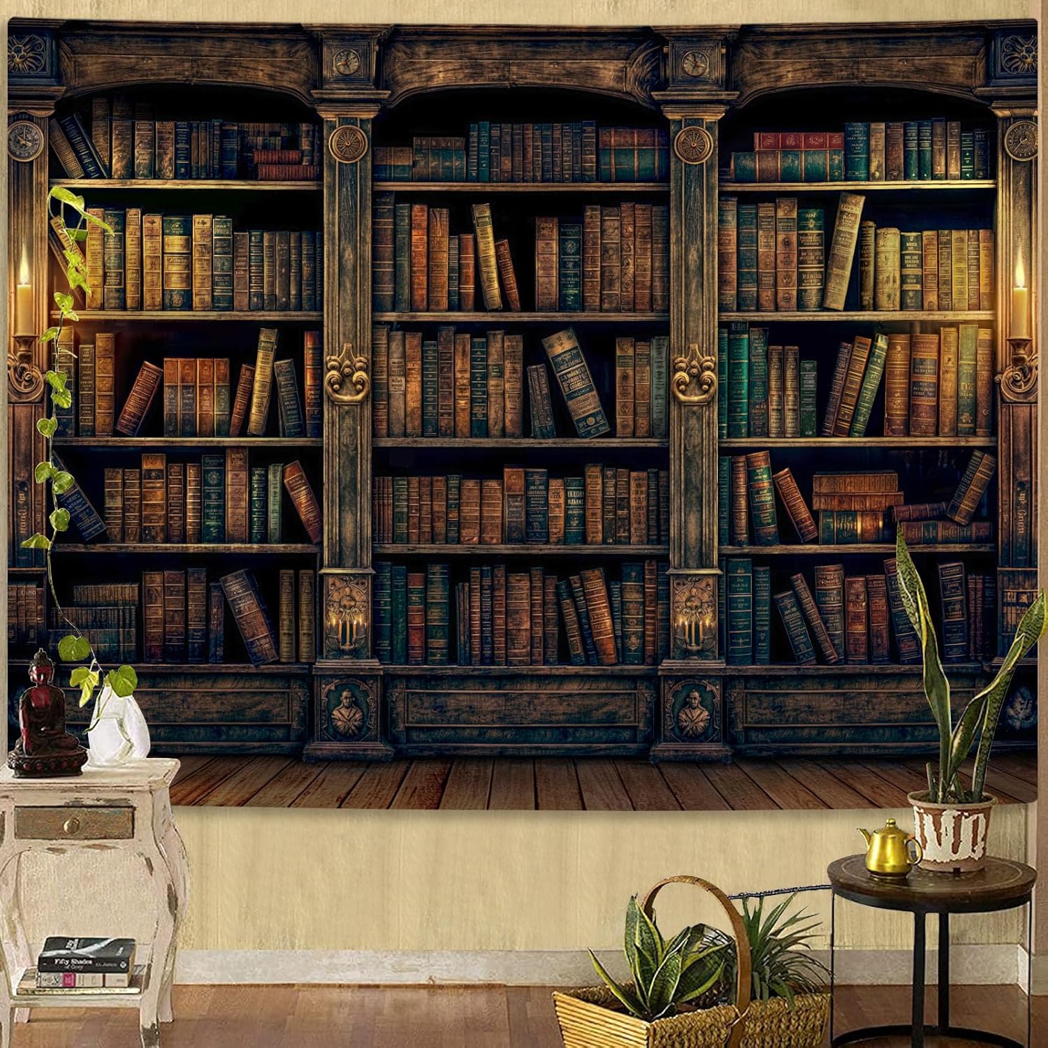 Textilien Unisex Retro Bookshelf Wall Tapestry, Vintage Books Study Library Tapestries For College Dorm Bedroom Magic Caslte Backdrop 36×48 Inch