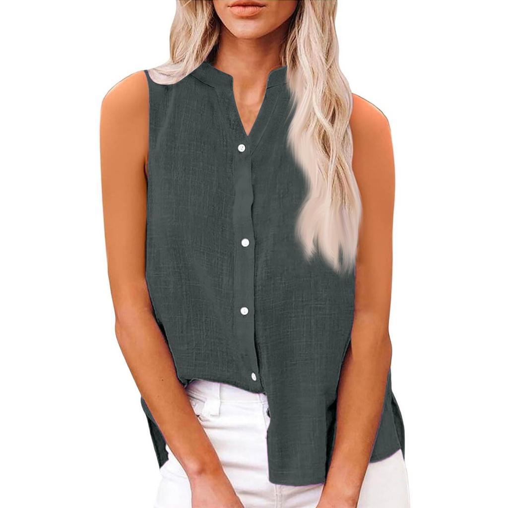 Women's Fashion Color Casual Sleeveless Cardigan Button Loose Cotton Linen Shirt Top
