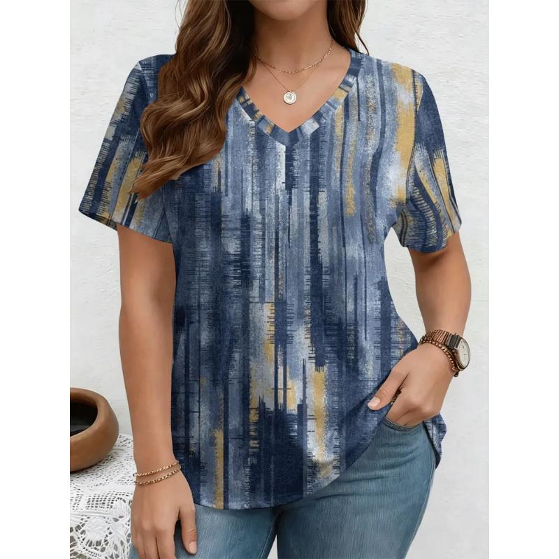 Fashion Women's V-Neck Short Sleeve 3D Casual Color Printing Casual Short Sleeve V-Neck T-Shirt