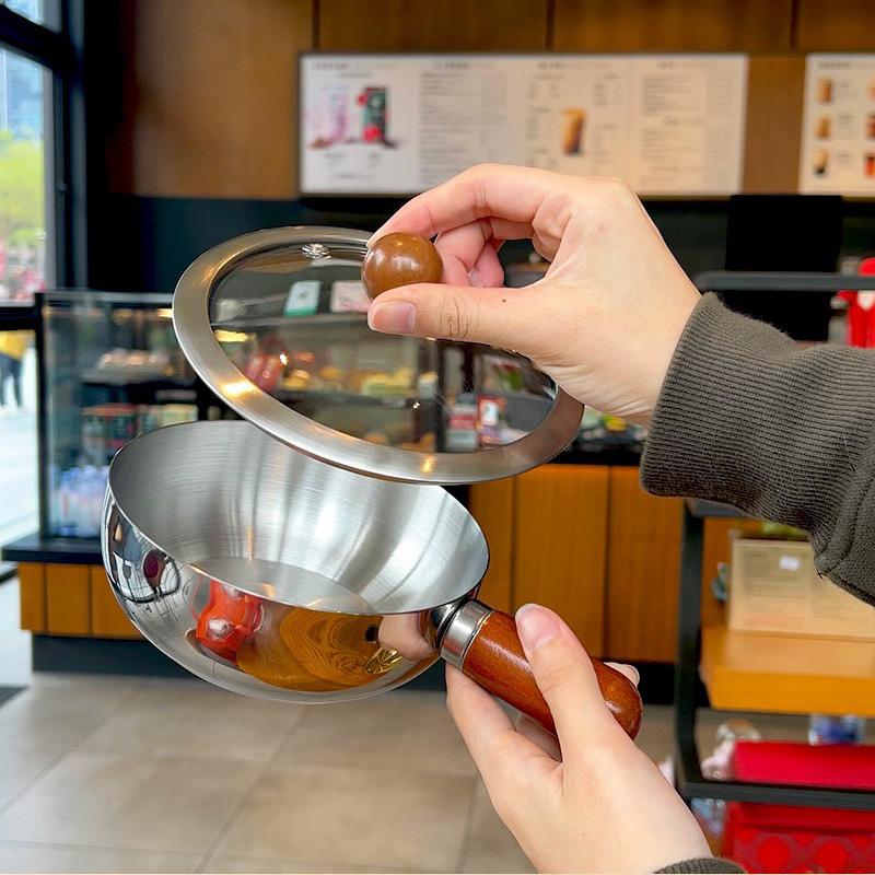 Stainless Steel Small Pot Bowl Walnut Wood Handle Salad Yogurt Bowl Breakfast Cooking Tool Multi-Function Cooking Kitchen Bowl
