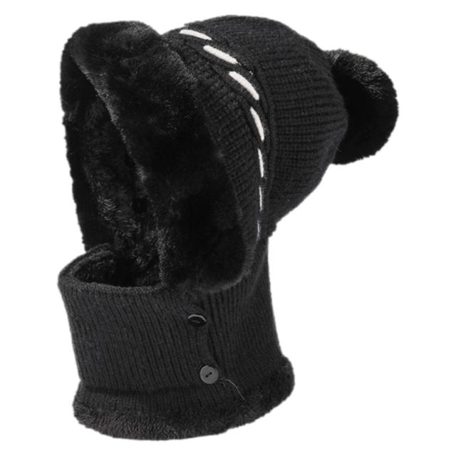 Winter-Plüsch-Skimütze, einteiliges Schal-Mützen-Set, Gesichtsmaske, Ohrenschutz, Strickmützen, Kunstfell-Pompon, Wollmützen, Nack, warm, für Outdoor-Wanderungen und Reiten