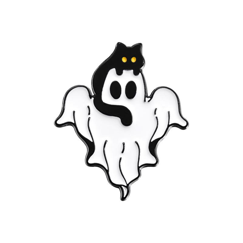 White Ghost With Cat Enamel Pins Spooky Pumpkin Skull Boo Kitten Halloween Brooches Lapel Badge Jewelry Gifts for Friends