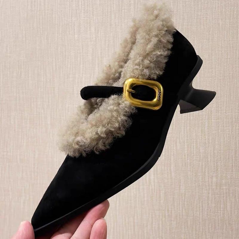 

Elegant Metal Buckle Mary Janes Woman Chic Brand Design Fur Women Low Heel Dress Shoes Ladies Winter Warm Plush Belt Pump Zapato 35