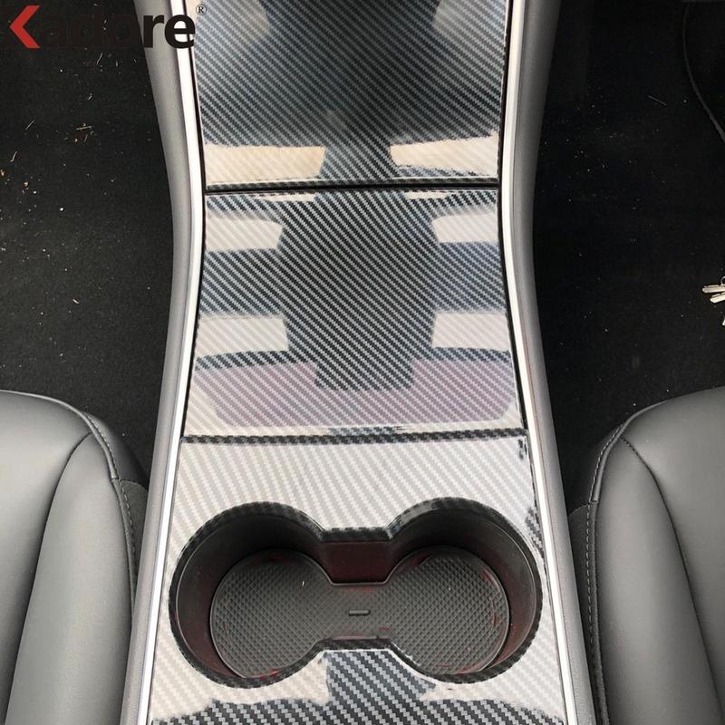 For Tesla Model 3 2018     Carbon Fiber Car Center Console Panel Cover Trim Water Cup Holder Frame Accessories