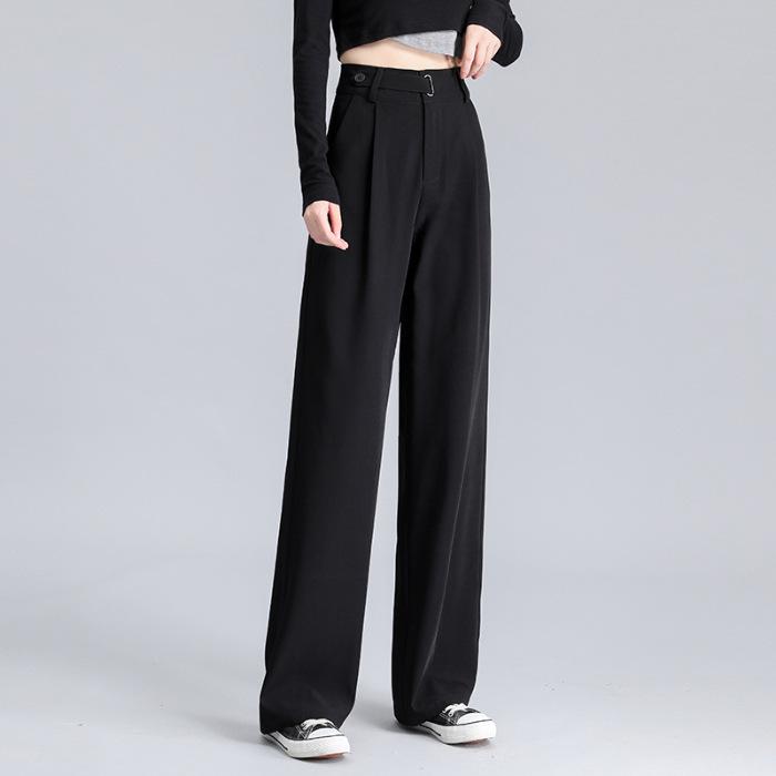 Women's Black Wide Leg Pear-Shaped Suit Trousers with Iron Ring Design - Spring & Autumn Casual Wear