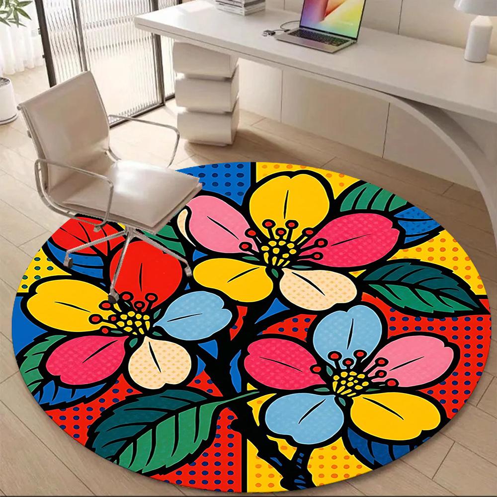 

1PC Floral PopArt Office Round Area Rug, Indoor Mat Suitable ForOffice, Under Office Chairs Bedroom Living Room Home Decor, Room Deco a012 80cm by 80cm