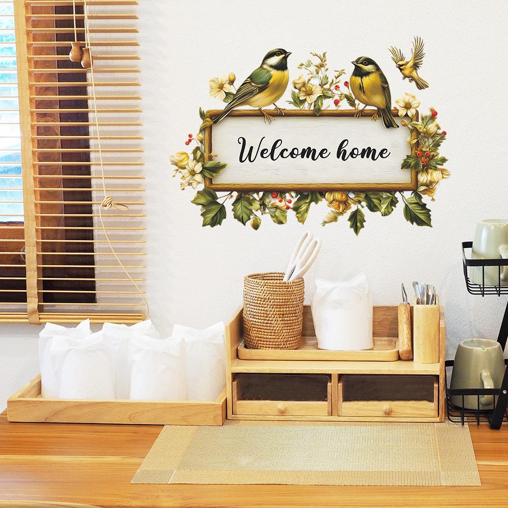 Hand Painted Floral Welcome Sign with Hummingbird Door & Wall Sticker for Living Room Home Decor Self-Adhesive Removable Decal