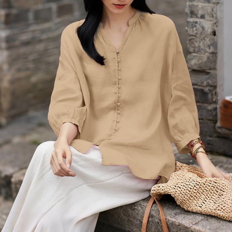 

ZANZEA Женская повседневная однотонная свободная блузка с V-образным вырезом и рукавом 3/4 5XL хаки