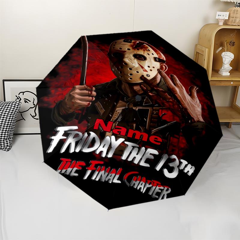Custom Name Friday the 13th Theme Automatic Umbrella, Lightweight & Portable, 8 Rib, Perfect for Outdoor Travel, Birthdays, Christmas, Gifts.