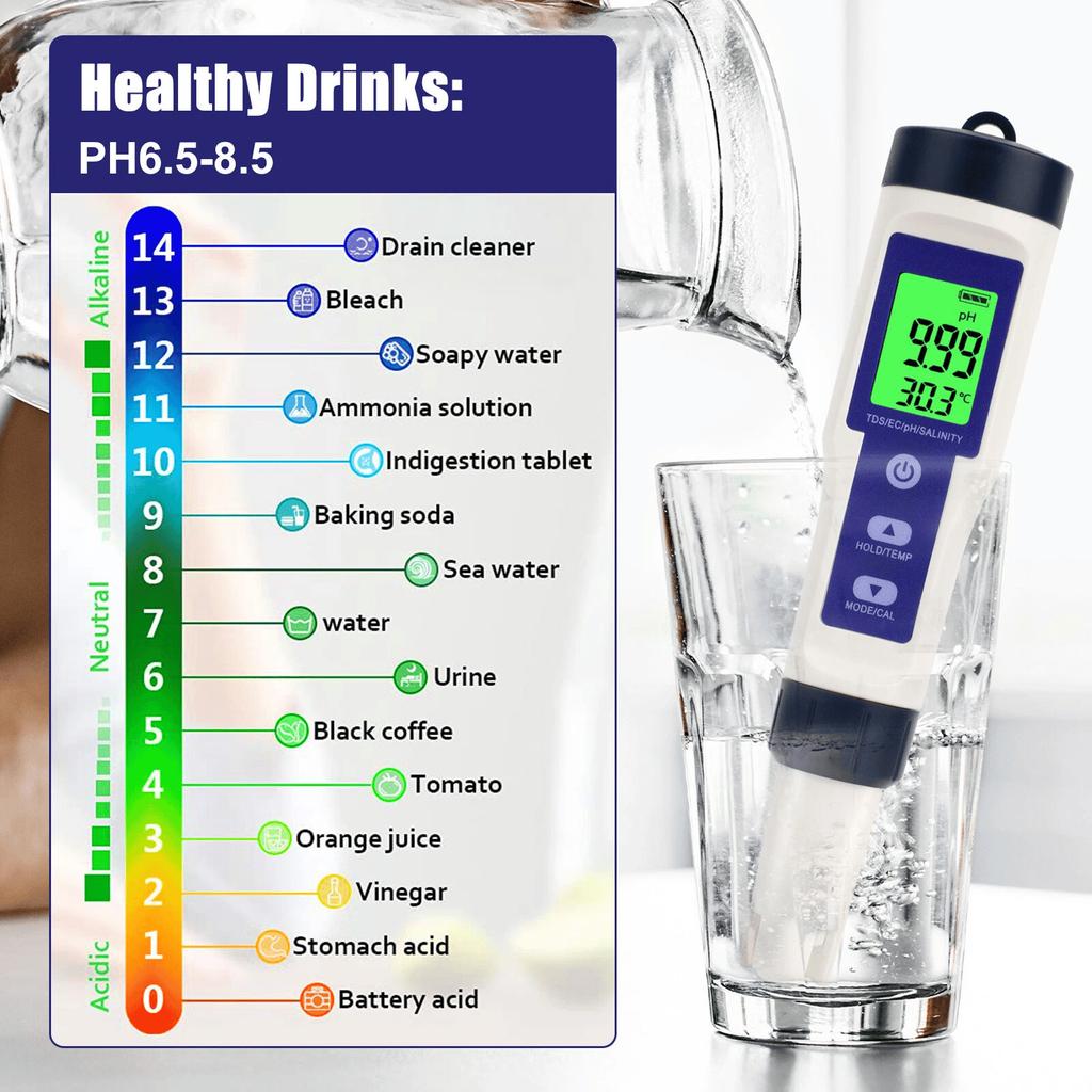 PH Tester 5 IN 1 PH Temperature TDS EC Salinity Meter Digital Waterproof With Automatic Calibration Function Water Quality