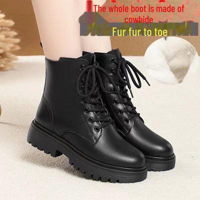 Women's Genuine Leather Martin Boots - Autumn/Winter 2024, Low Heel, Velvet-Thickened, Flat Sole, Cotton Lined