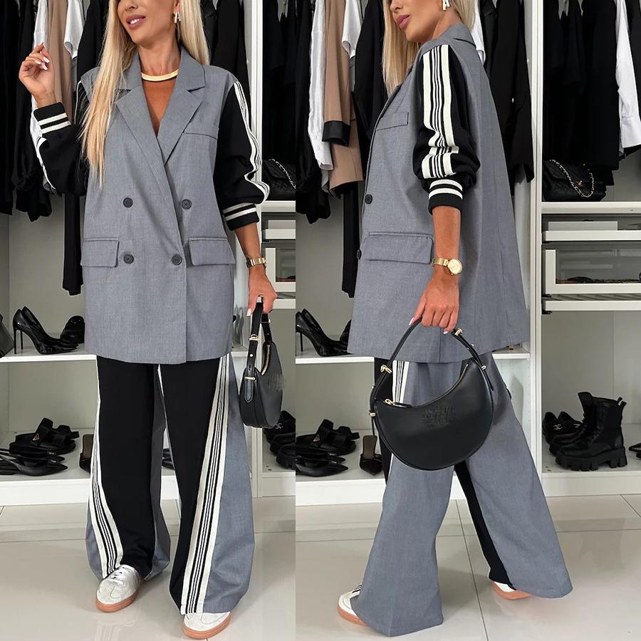 Conjunto feminino casual de blazer e calça patchwork com casaco de manga comprida e botões, calça pantalona, estilo outono.