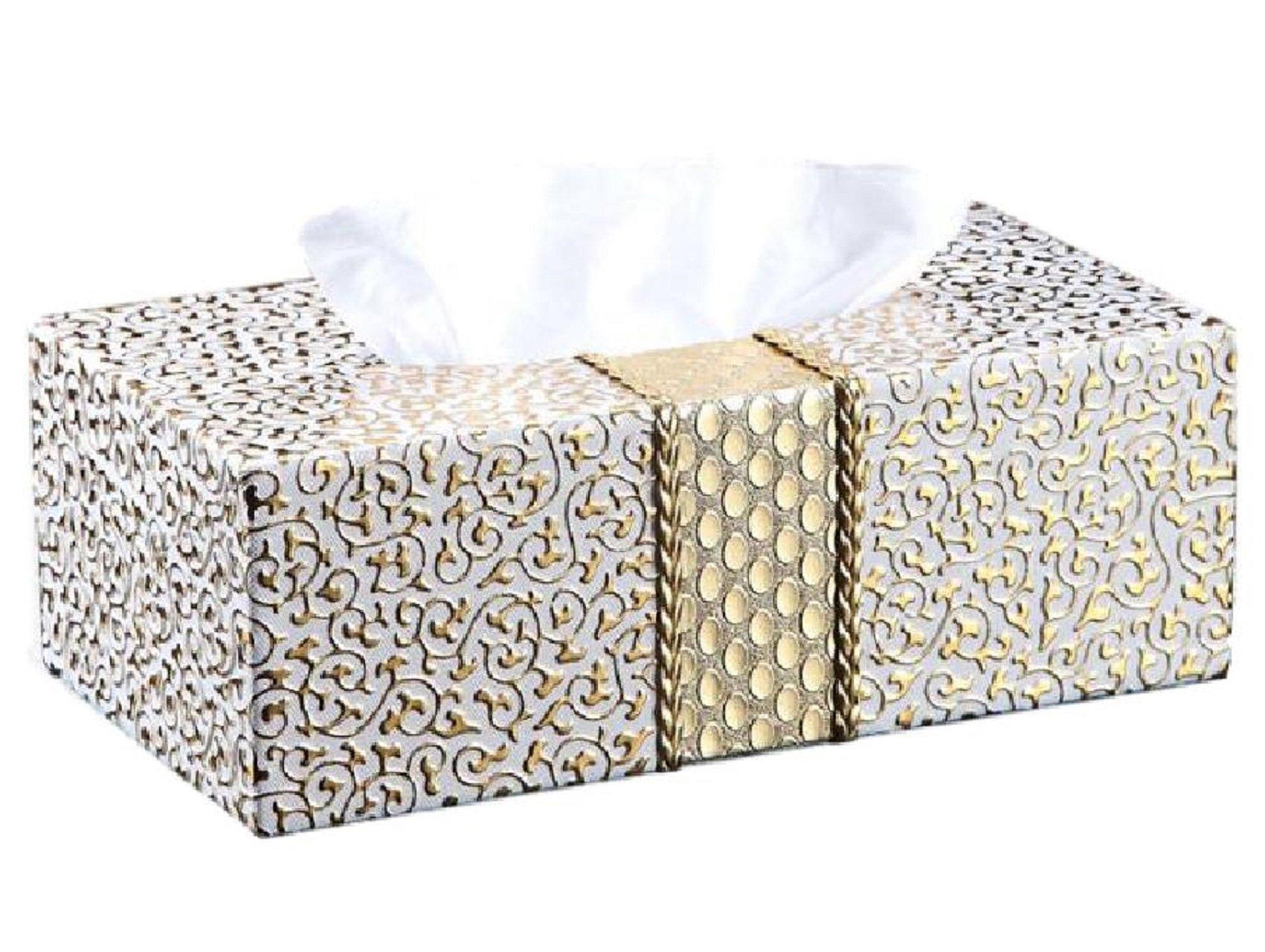 

[Queen-b] Luxury Tissue Box Holder, Elegant, Luxurious, Gorgeous, Stylish Interior Gift with Gold Lines (White)