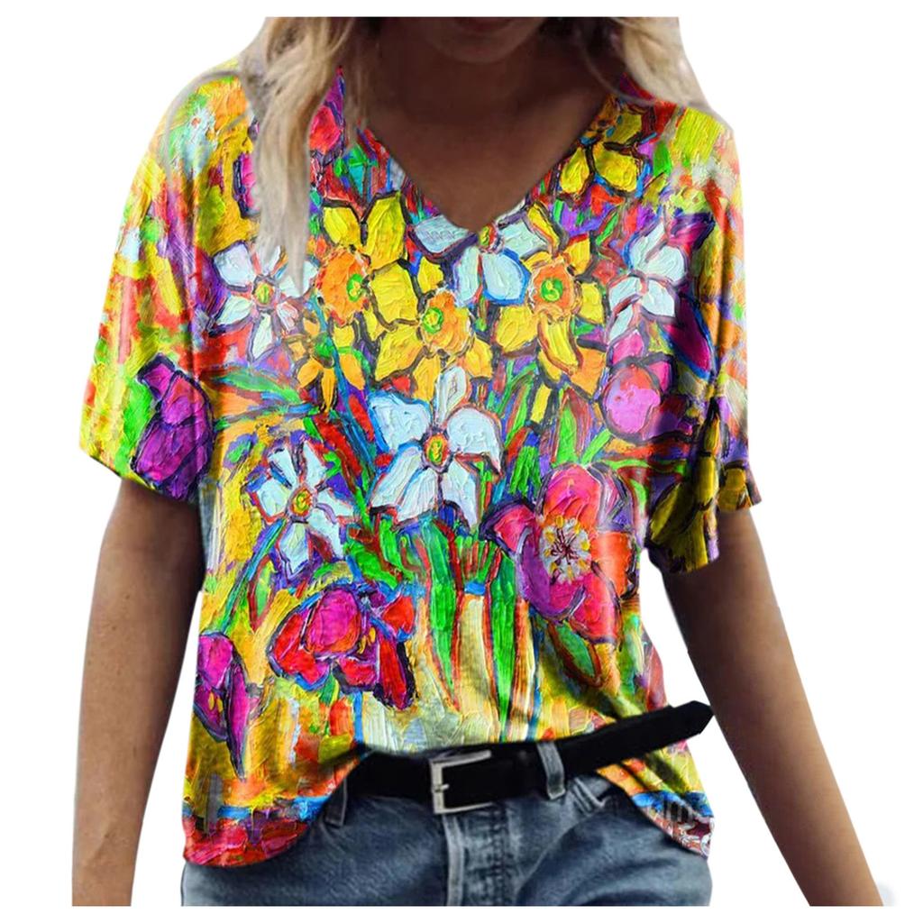 Sommer 2021 Neu Damen Kurzarm V-Ausschnitt Blumenmuster T-Shirt Lässige Streetwear Lockere Pullover Tops Größe Damenbekleidung