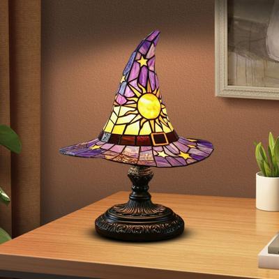 Witch Hat Lamp Stained Glass Resin Wizard Hat Light Spooky Gothic Table Lamp Decorative Standing Light for Indoor Party Haunted Halloween Bedroom