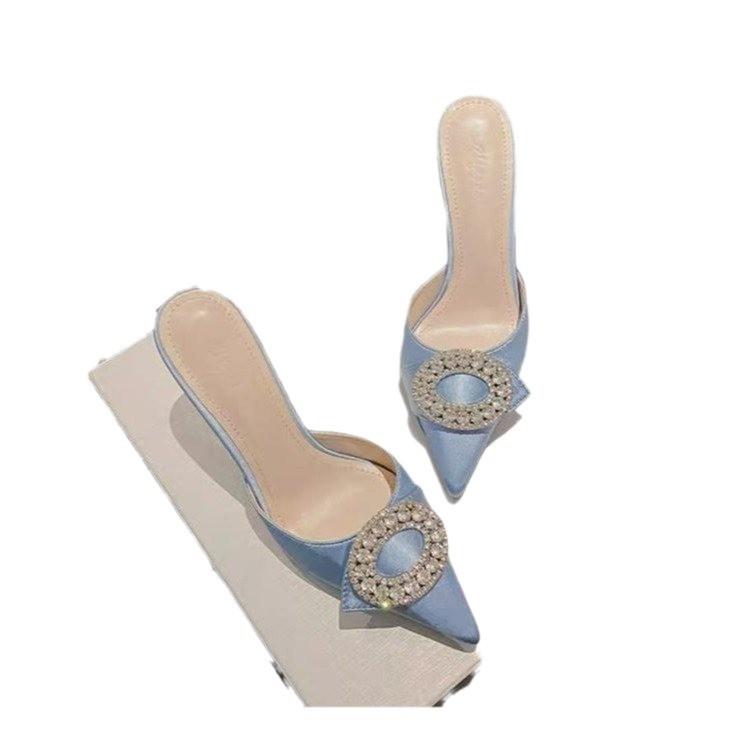 High-heeled Half Slippers 2025 New Versatile Pointed Rhinestone Buckle Stiletto Sandals Internet Celebrity Fairy Wind Bag Head Drag Girl
