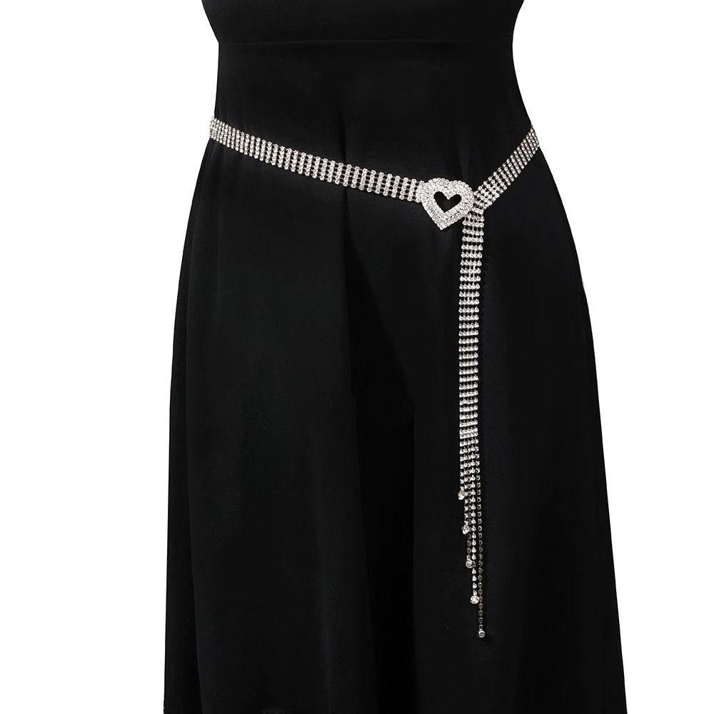 Full Diamond Coverage Rhinestone Chain Belt Double Heart Buckle Waist Chain Belt  For Women