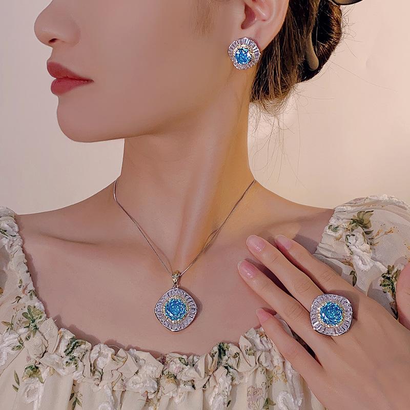 Autumn And Winter Jewelry Copper Bottom Gold-Plated Rose Cut Sea Blue Temperament Light Luxury Suit Women 14-10Mm