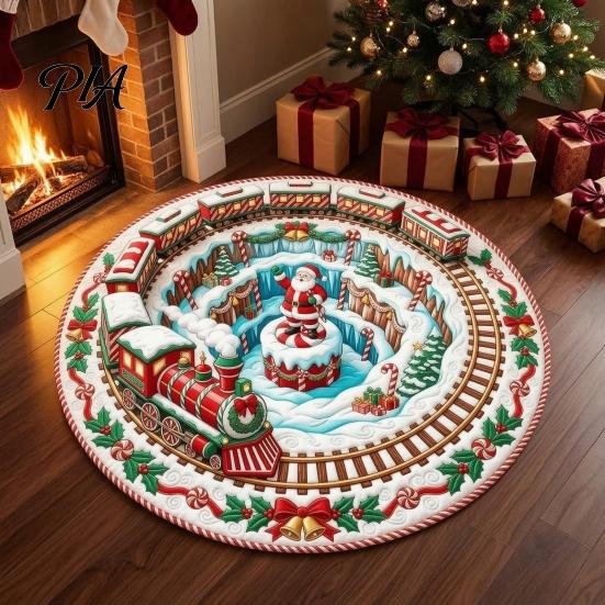 Holiday Welcome Rug for Entryway Round 3D Christmas Rug, Vortex Optical Illusion Area Santa Snowman Staircase Versatile Mat Depth Pattern, Non-slip