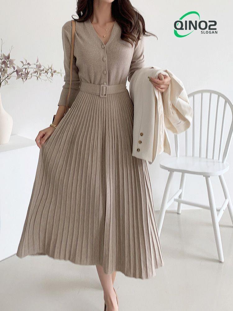 Francuski-, zimowy wyszczuplający dzianinowy sukienka maxi z dekoltem V z warstwą bazową plisowana sukienka dla kobiet